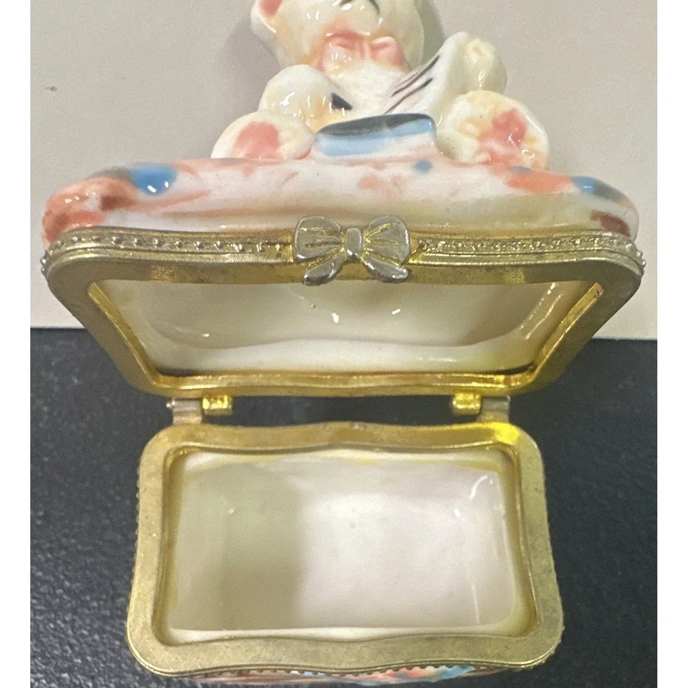 Vintage Porcelain Teddy Bear Hinged Trinket Box Metal Trim Picnic Blanket Design